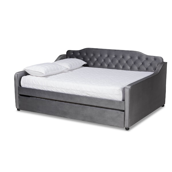 Baxton Studio Freda Grey Velvet and Button Tufted Full Size Daybed with Trundle 164-10409 - main